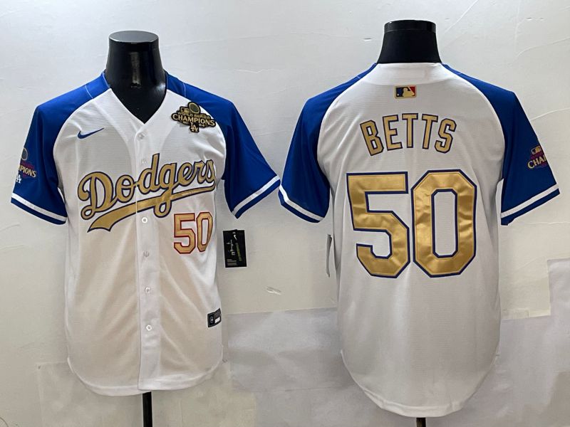 Men Los Angeles Dodgers #50 Betts White Blue Game Nike 2025 MLB Jersey style 3